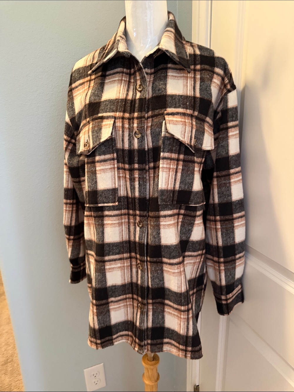 Allie Rosee Plaid Button-Up Shacket in Black & Cream